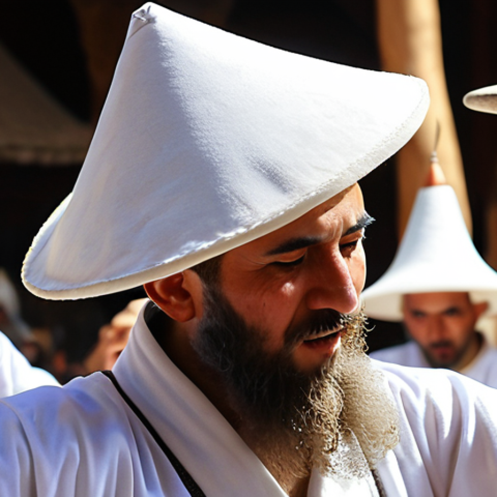 A serene and mystical close-up shot of a Whirling Dervish performing the Sema ceremony in Konya, Turkey. The Dervish, clad in a flowing white robe and tall conical hat, is captured mid-spin, hands open in symbolic gesture. Soft, ethereal lighting emphasizes the graceful movement and profound spiritual tranquility, with a blurred backdrop hinting at other participants and a traditional Ney flute player.