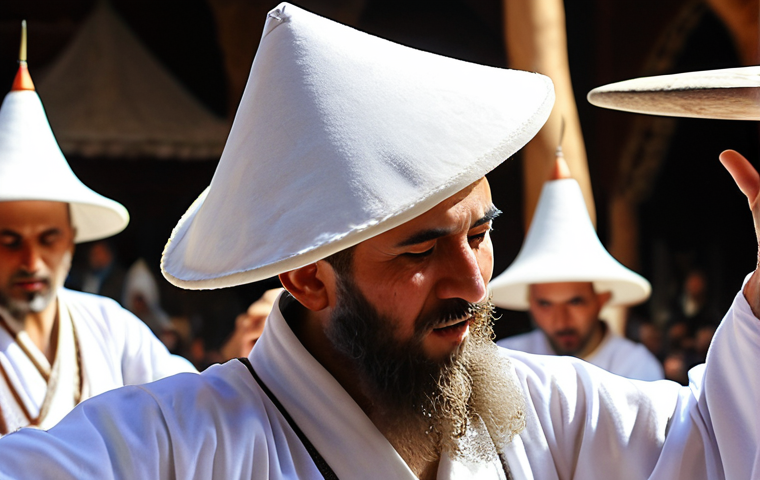 A serene and mystical close-up shot of a Whirling Dervish performing the Sema ceremony in Konya, Turkey. The Dervish, clad in a flowing white robe and tall conical hat, is captured mid-spin, hands open in symbolic gesture. Soft, ethereal lighting emphasizes the graceful movement and profound spiritual tranquility, with a blurred backdrop hinting at other participants and a traditional Ney flute player.