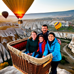 A family of four, including two parents, a child, and a teenager, fully clothed in warm, modest, and appropriate attire, standing in a hot air balloon basket during a breathtaking sunrise flight over Cappadocia, Turkey. The iconic fairy chimney rock formations are visible below, stretching across the landscape, with numerous other colorful hot air balloons gracefully ascending into the sky. The family members display expressions of awe, wonder, and joy, looking out at the expansive view. The image features perfect anatomy, correct proportions, and natural poses, presented as professional photography with high-quality detail. safe for work, appropriate content, fully clothed, family-friendly.