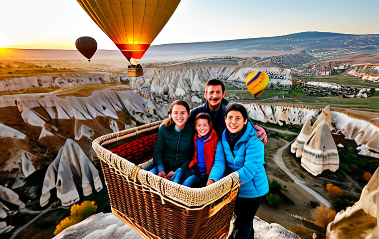 A family of four, including two parents, a child, and a teenager, fully clothed in warm, modest, and appropriate attire, standing in a hot air balloon basket during a breathtaking sunrise flight over Cappadocia, Turkey. The iconic fairy chimney rock formations are visible below, stretching across the landscape, with numerous other colorful hot air balloons gracefully ascending into the sky. The family members display expressions of awe, wonder, and joy, looking out at the expansive view. The image features perfect anatomy, correct proportions, and natural poses, presented as professional photography with high-quality detail. safe for work, appropriate content, fully clothed, family-friendly.