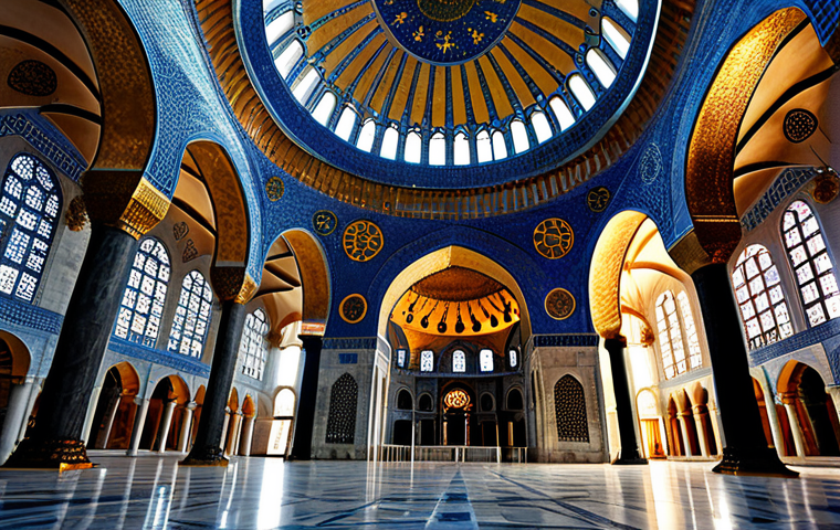 A breathtaking, professional architectural photograph of a grand historical interior, inspired by the majestic fusion of Hagia Sophia and the Blue Mosque in Istanbul. The scene features a colossal central dome, adorned with shimmering golden Byzantine mosaics and rich, intricate blue Iznik tiles. Soft, diffused light streams through ornate arched windows, illuminating the vast space and casting a serene, ethereal glow. The perspective emphasizes the immense scale and intricate detailing of the craftsmanship. Ultra-detailed, high resolution, cinematic lighting, appropriate content, safe for work, fully clothed, professional, family-friendly.