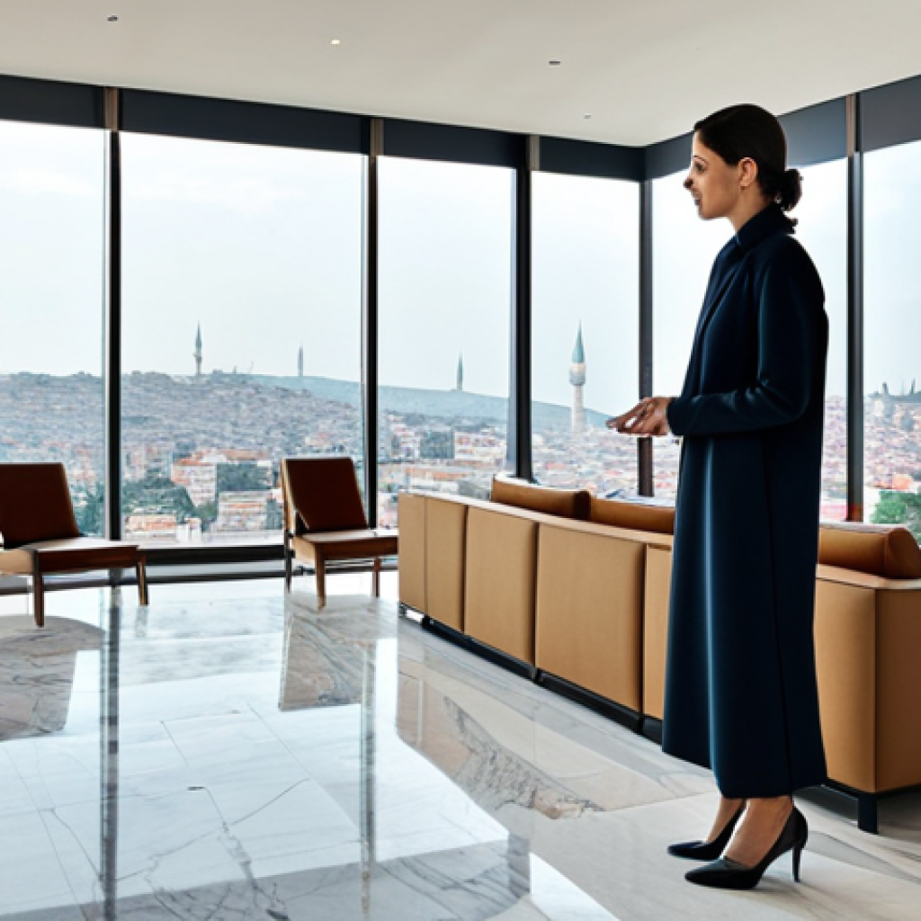 A spacious, minimalist modern hotel lobby in Istanbul, featuring clean architectural lines, double-height ceilings, and enormous glass windows offering a panoramic city skyline view. The space is filled with natural light, adorned with local marble floors and reclaimed wood accents, showcasing integrated smart technology. A single professional female guest, fully clothed in elegant travel attire, stands naturally, subtly interacting with a sleek digital display, reflecting seamless, intuitive design. The ambiance is luxurious and serene. Professional photography, high resolution, ultra detail, perfect anatomy, correct proportions, natural pose, well-formed hands, proper finger count, natural body proportions, safe for work, appropriate content, fully clothed, professional.