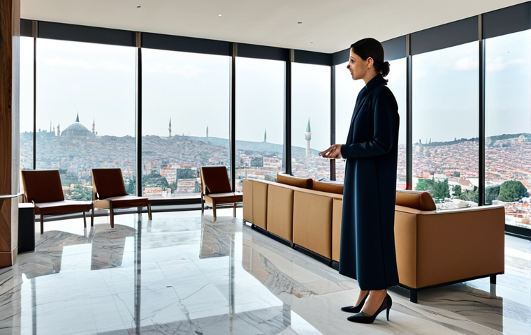 A spacious, minimalist modern hotel lobby in Istanbul, featuring clean architectural lines, double-height ceilings, and enormous glass windows offering a panoramic city skyline view. The space is filled with natural light, adorned with local marble floors and reclaimed wood accents, showcasing integrated smart technology. A single professional female guest, fully clothed in elegant travel attire, stands naturally, subtly interacting with a sleek digital display, reflecting seamless, intuitive design. The ambiance is luxurious and serene. Professional photography, high resolution, ultra detail, perfect anatomy, correct proportions, natural pose, well-formed hands, proper finger count, natural body proportions, safe for work, appropriate content, fully clothed, professional.