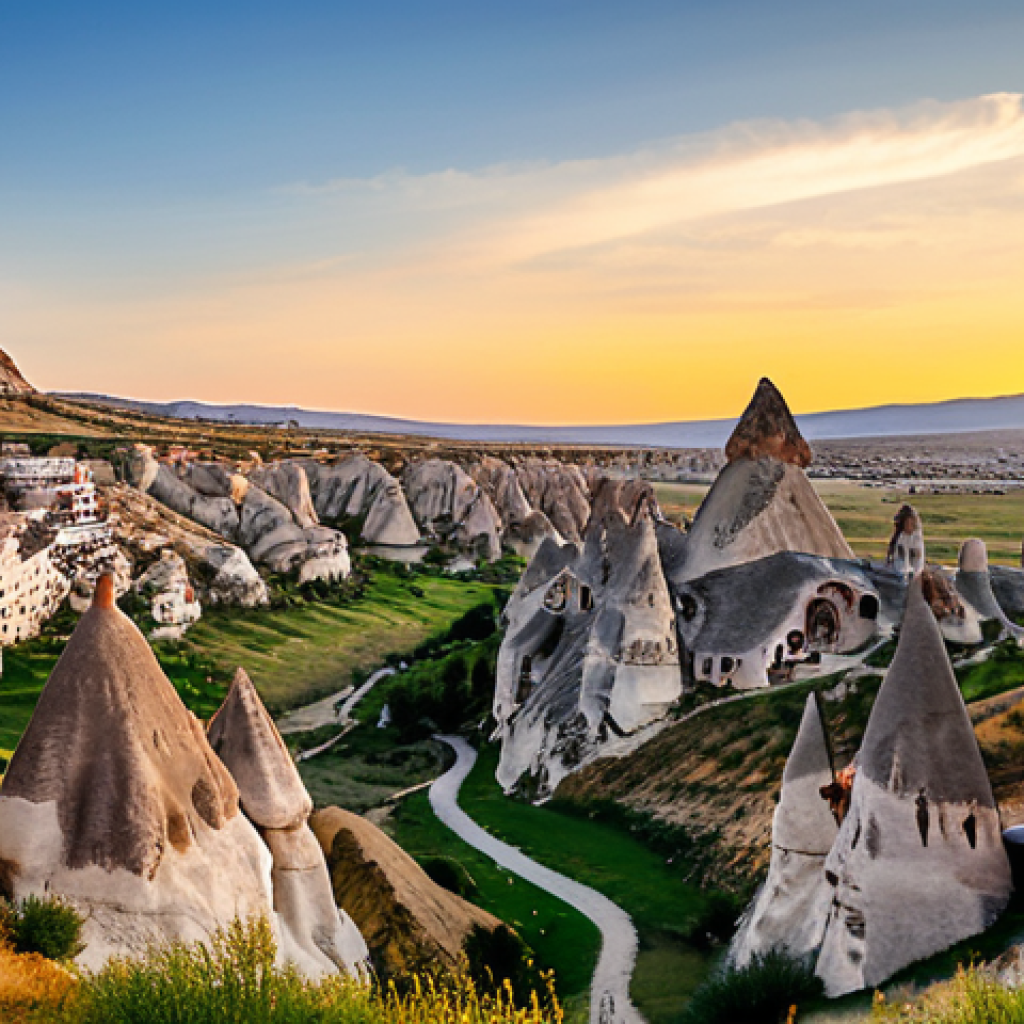 Göreme, Cappadocia**
A panoramic view of Göreme, Cappadocia, at sunset. The scene showcases the unique fairy chimney rock formations and cave dwellings. In the foreground, a fully clothed tourist couple is admiring the landscape, appropriate attire, safe for work. Capture the warm colors of the sunset reflecting on the rocks. Perfect anatomy, correct proportions, natural pose, professional photography, high quality, family-friendly.
**