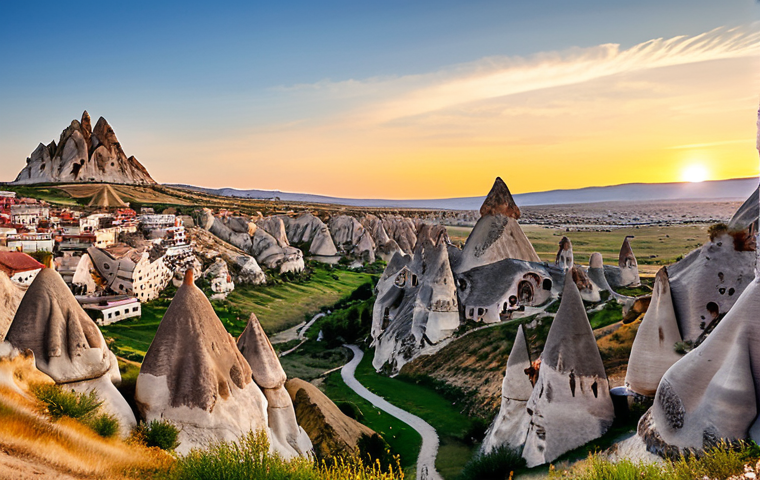 Göreme, Cappadocia**
A panoramic view of Göreme, Cappadocia, at sunset. The scene showcases the unique fairy chimney rock formations and cave dwellings. In the foreground, a fully clothed tourist couple is admiring the landscape, appropriate attire, safe for work. Capture the warm colors of the sunset reflecting on the rocks. Perfect anatomy, correct proportions, natural pose, professional photography, high quality, family-friendly.
**