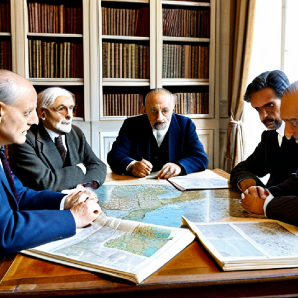 **
"A group of historians from various countries, including Italy and Turkey, are gathered around a table covered in historical documents and maps related to the early 20th century. They are engaged in a respectful and professional discussion. The setting is a well-lit library in Rome. Everyone is fully clothed in professional attire. Safe for work, appropriate content, perfect anatomy, correct proportions, natural pose, professional, family-friendly."
**