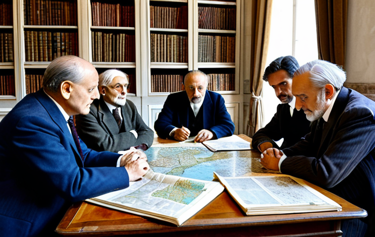 **

"A group of historians from various countries, including Italy and Turkey, are gathered around a table covered in historical documents and maps related to the early 20th century. They are engaged in a respectful and professional discussion. The setting is a well-lit library in Rome. Everyone is fully clothed in professional attire. Safe for work, appropriate content, perfect anatomy, correct proportions, natural pose, professional, family-friendly."

**