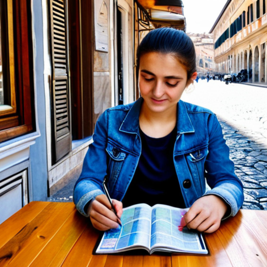 Informative Travel Planning**
"A young Italian woman, fully clothed in a stylish travel outfit (jeans, comfortable walking shoes, a light jacket), sits at a table in a sunny cafe in Rome. She's reviewing travel safety websites on her laptop, with a guidebook about Turkey and a map spread out before her. Safe for work, appropriate content, professional travel blogger vibe, perfect anatomy, correct proportions, natural pose, well-formed hands. Focus on the importance of research and safe travel planning before visiting Turkey. Bright, natural lighting. Modest clothing. Family-friendly."
**