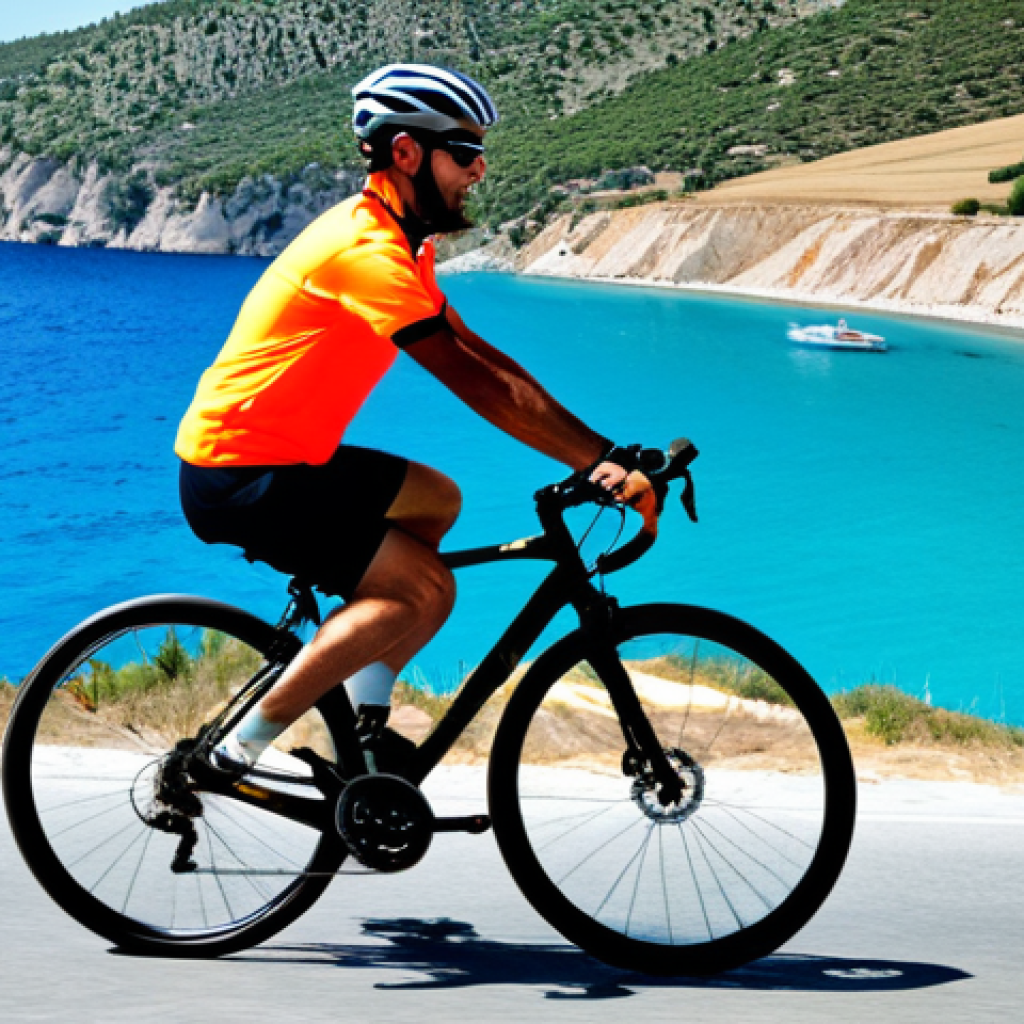 튀르키예에서 자전거 대여 서비스 - **Prompt:** "A cyclist in appropriate cycling gear riding along the Turquoise Coast of Turkey, fully...