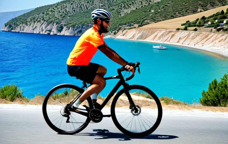 튀르키예에서 자전거 대여 서비스 - **Prompt:** "A cyclist in appropriate cycling gear riding along the Turquoise Coast of Turkey, fully...