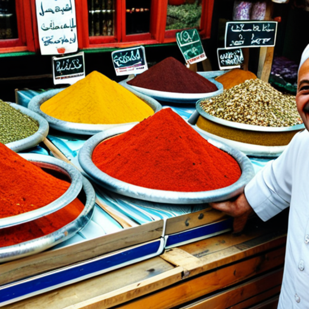 튀르키예 쿠킹 클래스 체험 - Spice Market Scene**

"A vibrant spice market stall in Istanbul, overflowing with colorful spices li...