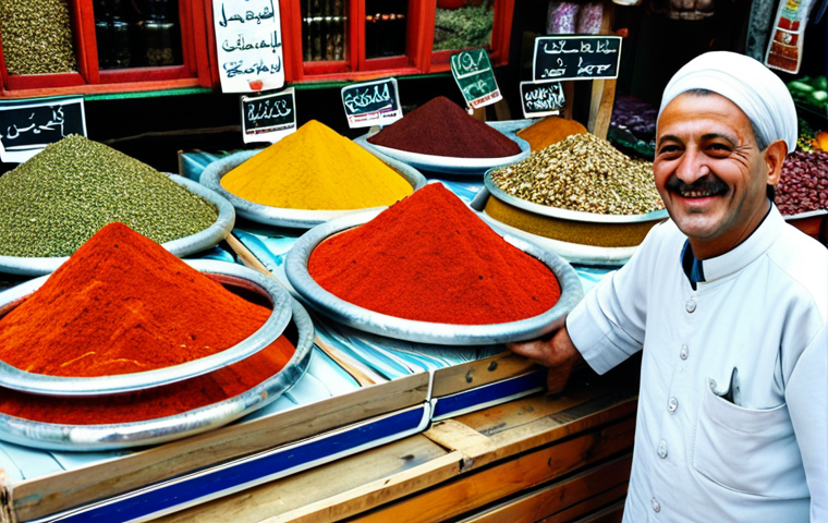 튀르키예 쿠킹 클래스 체험 - Spice Market Scene**
"A vibrant spice market stall in Istanbul, overflowing with colorful spices li...