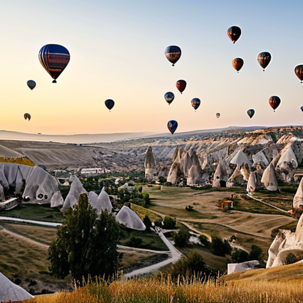 튀르키예 내 셀프 드라이브 여행 - **Cappadocia Sunrise:** "A picturesque view of Cappadocia at dawn with hot air balloons scattered ac...