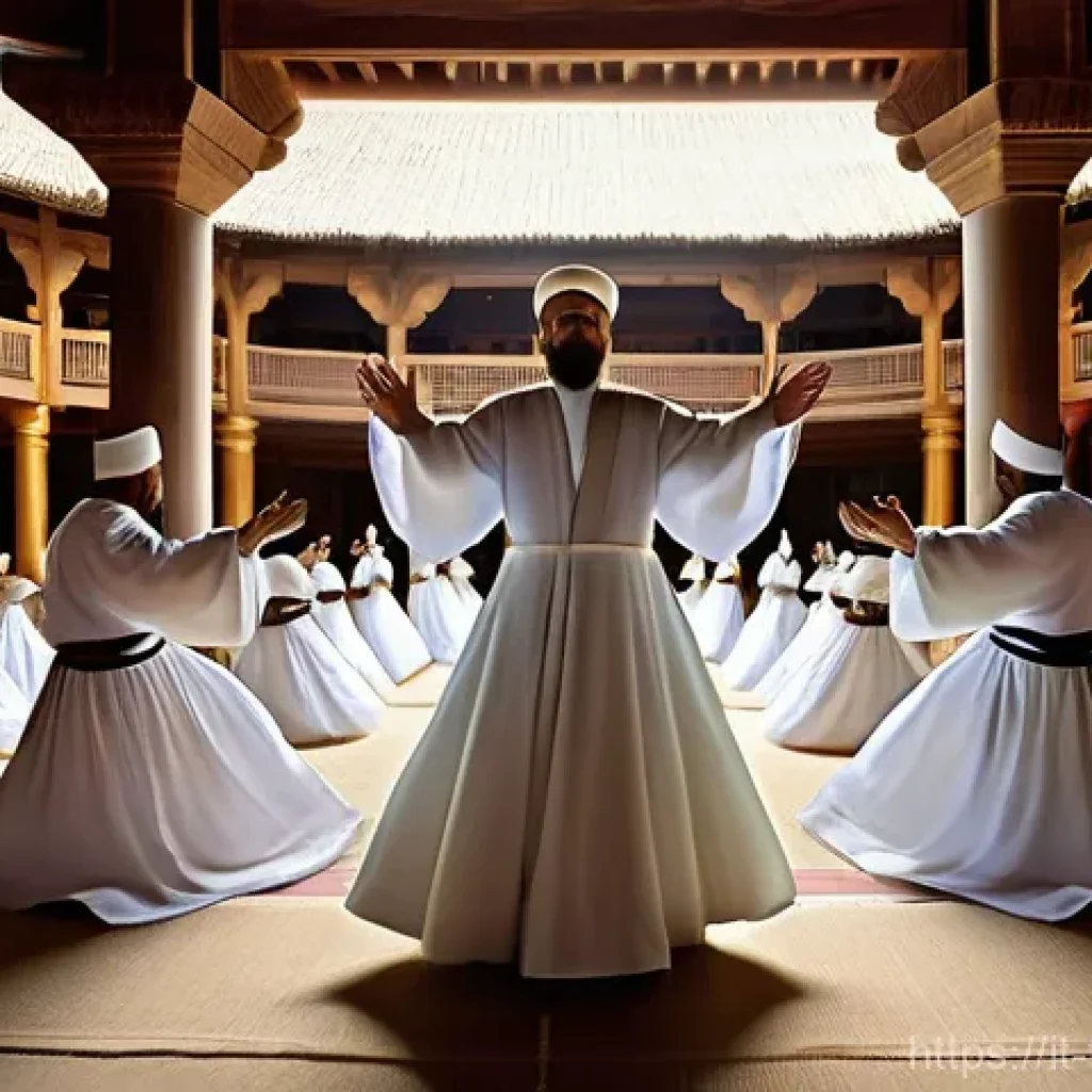 튀르키예의 독특한 문화적 축제 - **A serene and spiritual depiction of the Mevlana Festival in Konya.** Whirling Dervishes, dressed i...