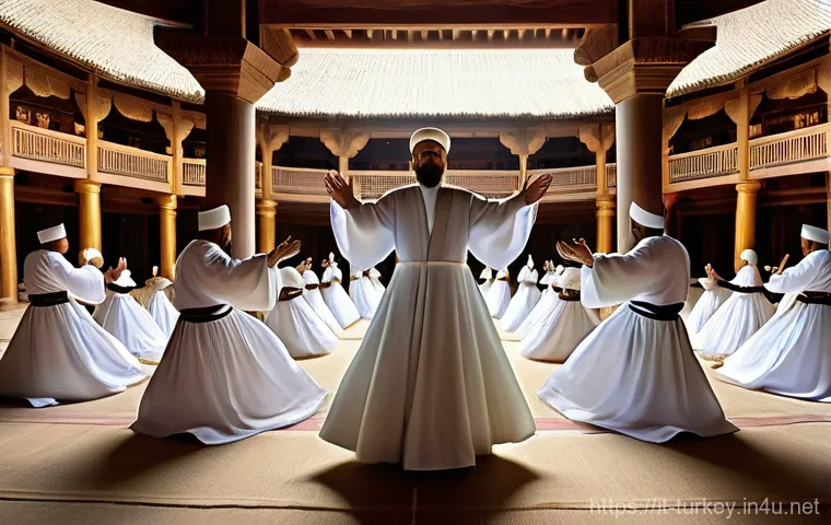 튀르키예의 독특한 문화적 축제 - **A serene and spiritual depiction of the Mevlana Festival in Konya.** Whirling Dervishes, dressed i...