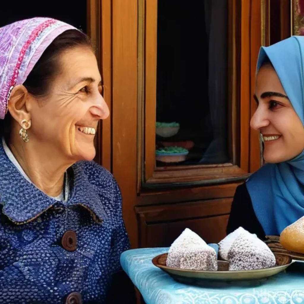 튀르키예 국민 성향과 특징 - **Prompt:** A warm and inviting scene depicting Turkish hospitality. An elderly Turkish woman, with ...