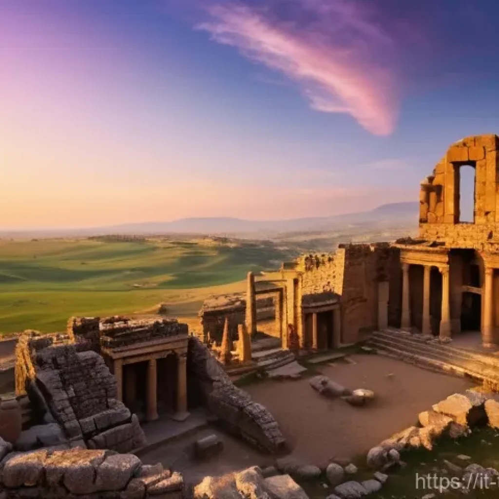 튀르키예 주요 사건 연대표 - **Prompt:** A majestic, panoramic view of ancient Anatolian ruins bathed in the warm glow of a setti...