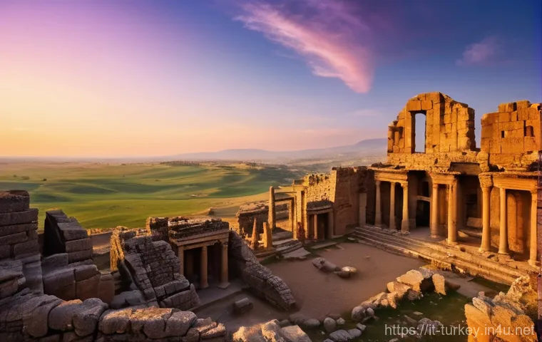 튀르키예 주요 사건 연대표 - **Prompt:** A majestic, panoramic view of ancient Anatolian ruins bathed in the warm glow of a setti...