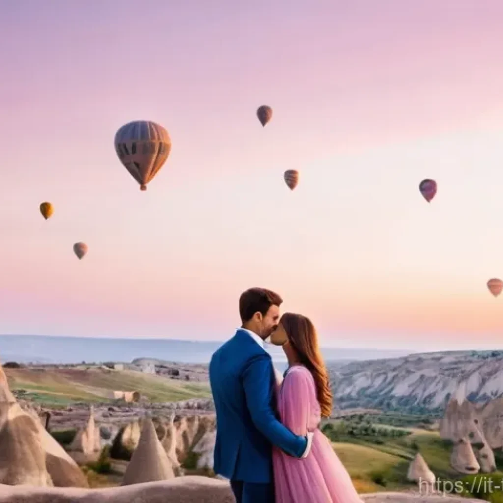 튀르키예의 사진 작가 추천 - **Prompt 1: Cappadocia Sunrise Romance**
A young couple, both in their late 20s, stands embraced...