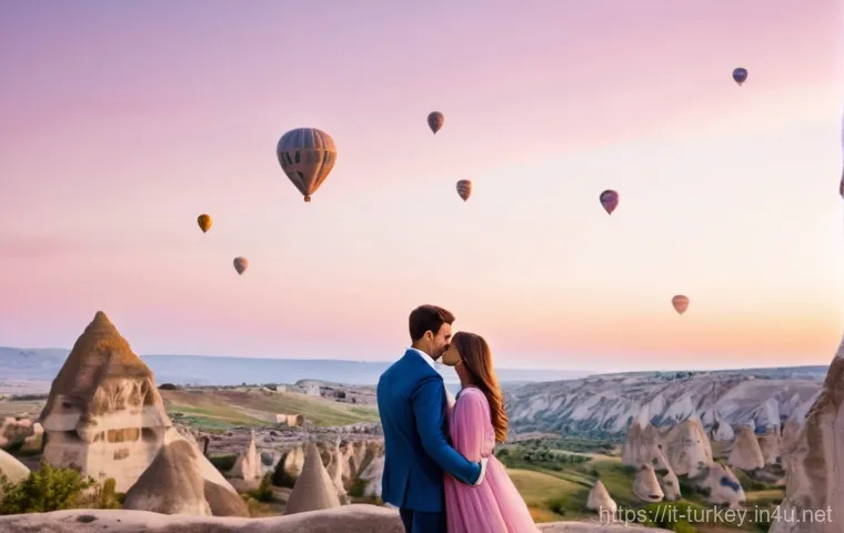 튀르키예의 사진 작가 추천 - **Prompt 1: Cappadocia Sunrise Romance**
    A young couple, both in their late 20s, stands embraced...