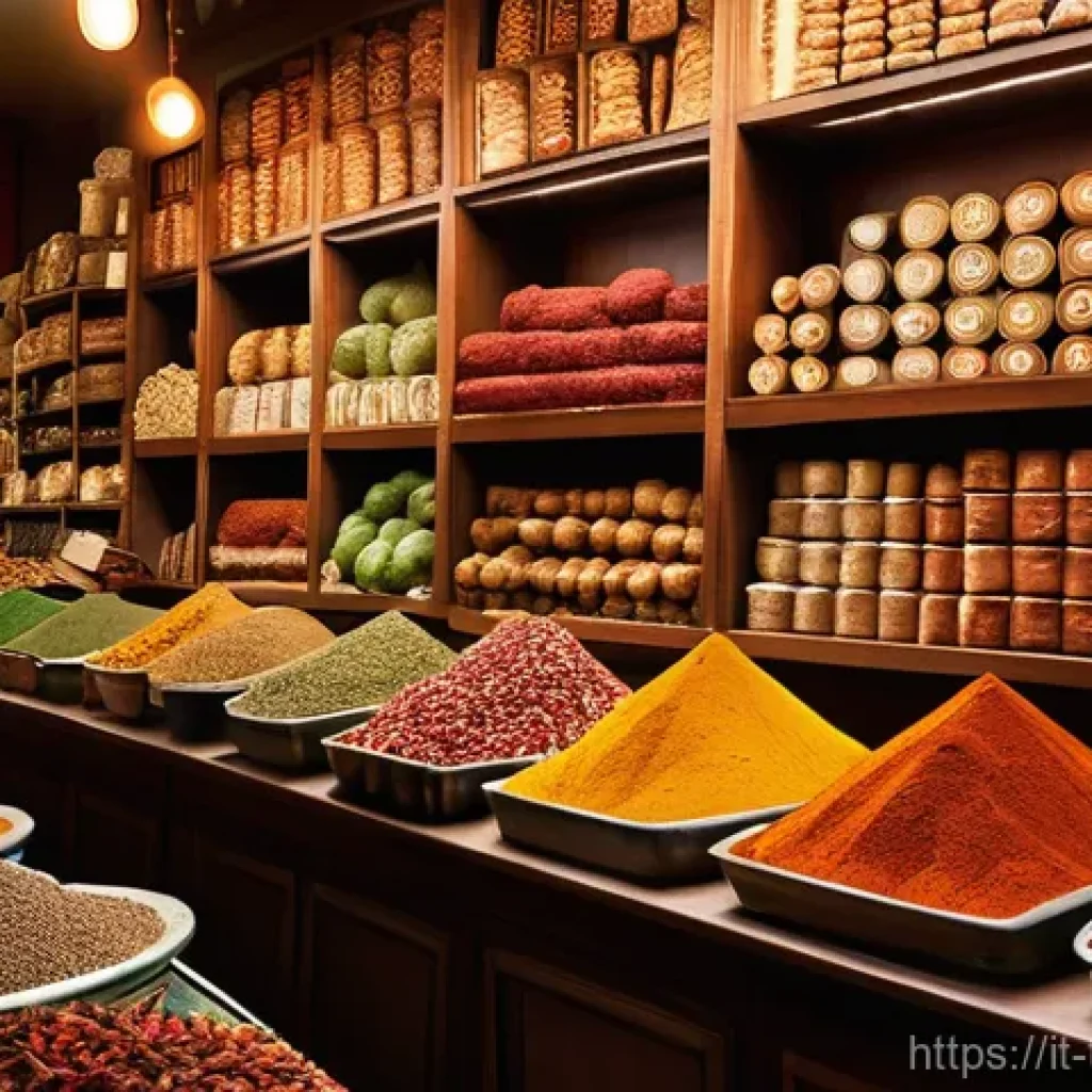 튀르키예 지역별 특산물 - **Prompt:** A bustling and vibrant Turkish Spice Bazaar scene, full of rich colors and textures. Foc...