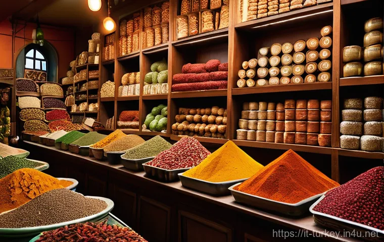 튀르키예 지역별 특산물 - **Prompt:** A bustling and vibrant Turkish Spice Bazaar scene, full of rich colors and textures. Foc...
