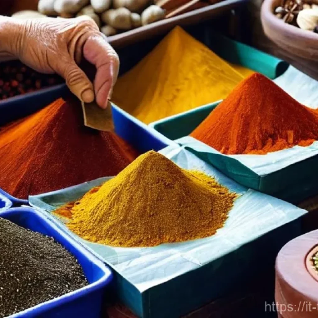 튀르키예 가정식 요리법 - **A Vibrant Turkish Spice Market Scene:**
A bustling, vibrant Turkish spice market stall, brimmi...