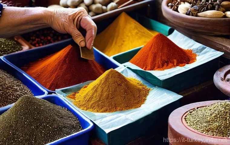 튀르키예 가정식 요리법 - **A Vibrant Turkish Spice Market Scene:**
    A bustling, vibrant Turkish spice market stall, brimmi...