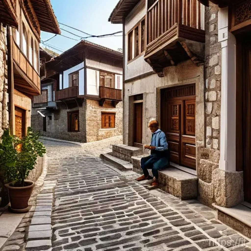 튀르키예의 전통 가옥 구조 - A picturesque, narrow cobblestone street in a historic Turkish town reminiscent of Safranbolu, lined...