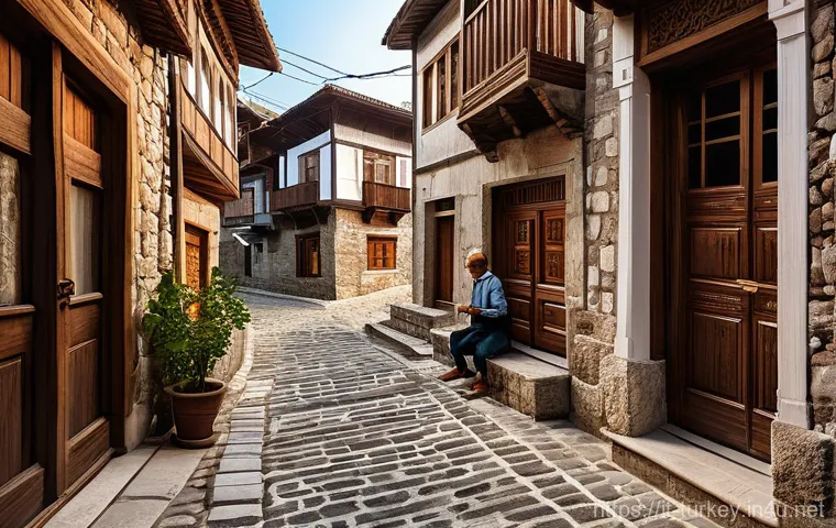 튀르키예의 전통 가옥 구조 - A picturesque, narrow cobblestone street in a historic Turkish town reminiscent of Safranbolu, lined...