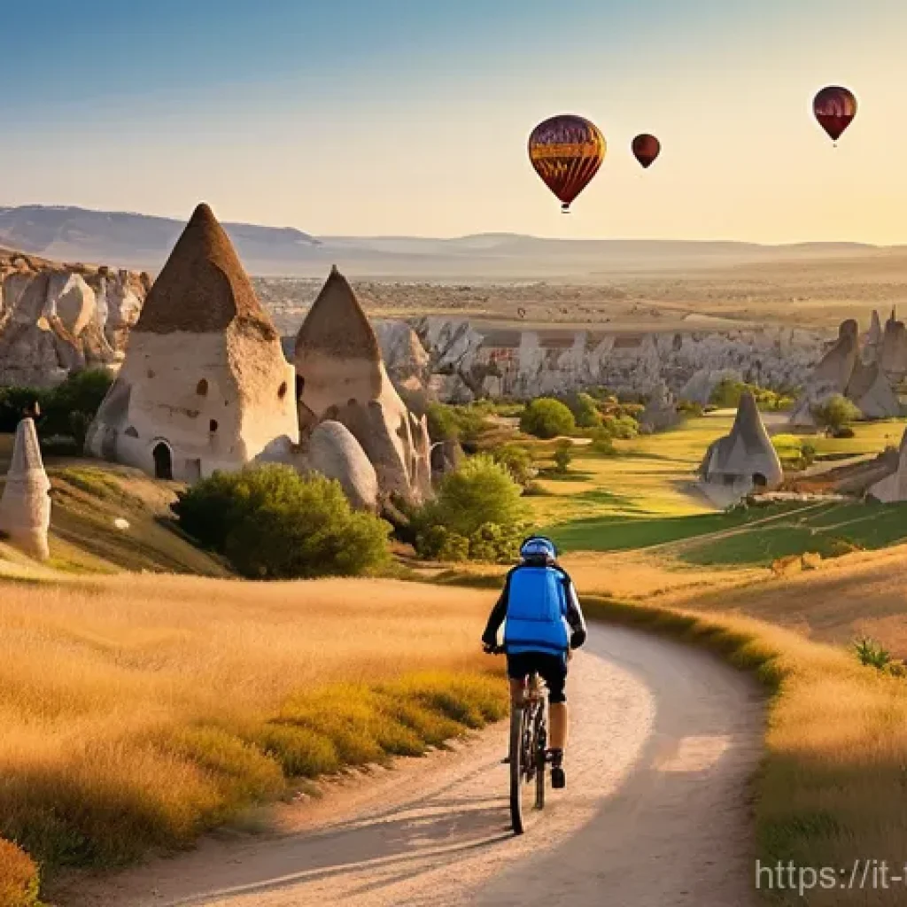 튀르키예에서의 자전거 투어 - **Prompt 1: Sunrise Cycling in Cappadocia's Fairy Chimneys**
"A stunning panoramic view of Cappa...
