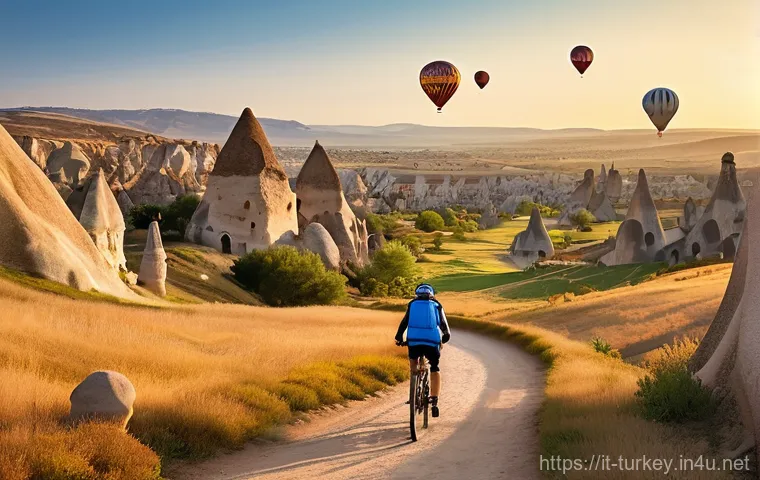 튀르키예에서의 자전거 투어 - **Prompt 1: Sunrise Cycling in Cappadocia's Fairy Chimneys**
"A stunning panoramic view of Cappa...