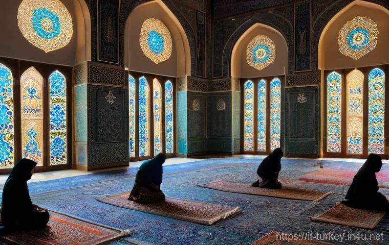 튀르키예의 전통 사원과 종교적 의식 - **Prompt:** A stunning interior view of a grand Turkish mosque, akin to the Blue Mosque, enveloped i...