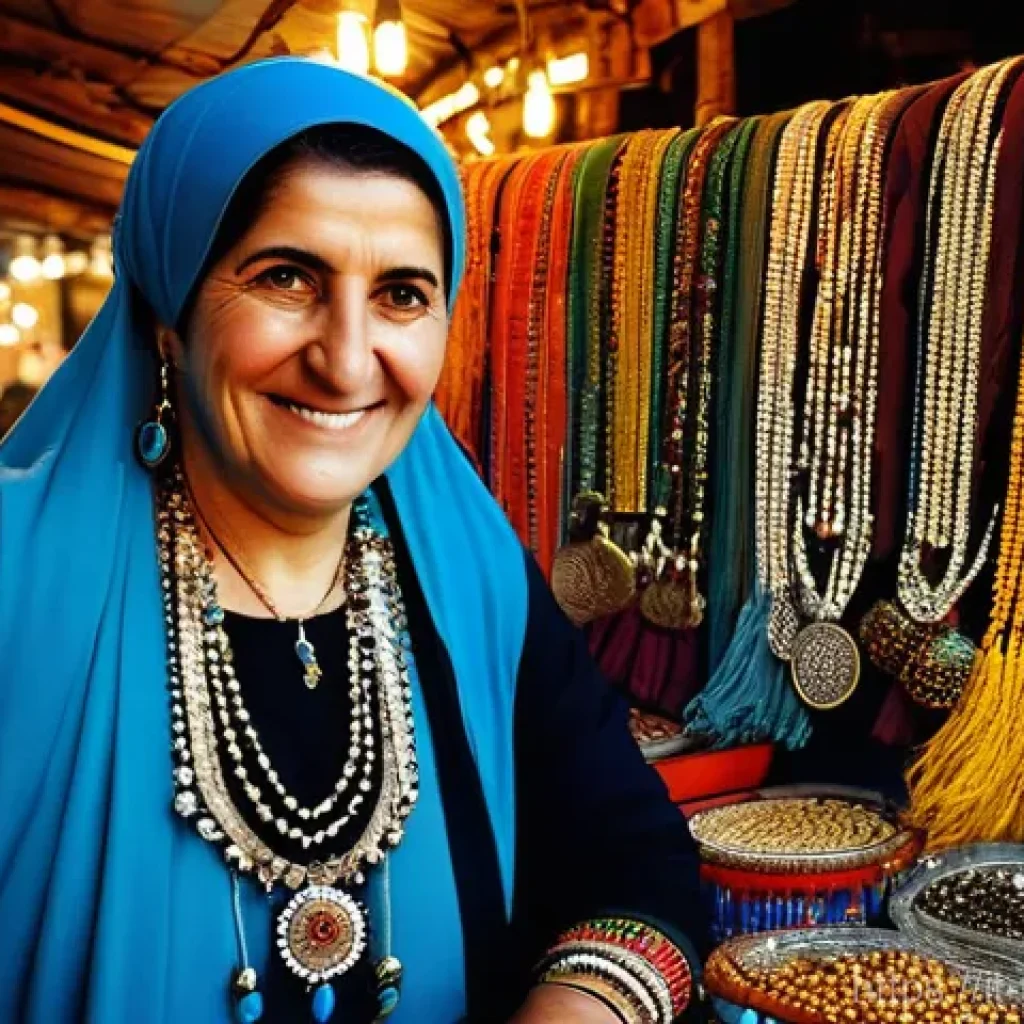 튀르키예의 전통적인 악세서리 - The Protective Gaze: Nazar Boncuğu in a Vibrant Bazaar**

"A warmly lit, bustling scene within a tra...