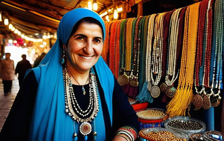 튀르키예의 전통적인 악세서리 - The Protective Gaze: Nazar Boncuğu in a Vibrant Bazaar**
"A warmly lit, bustling scene within a tra...
