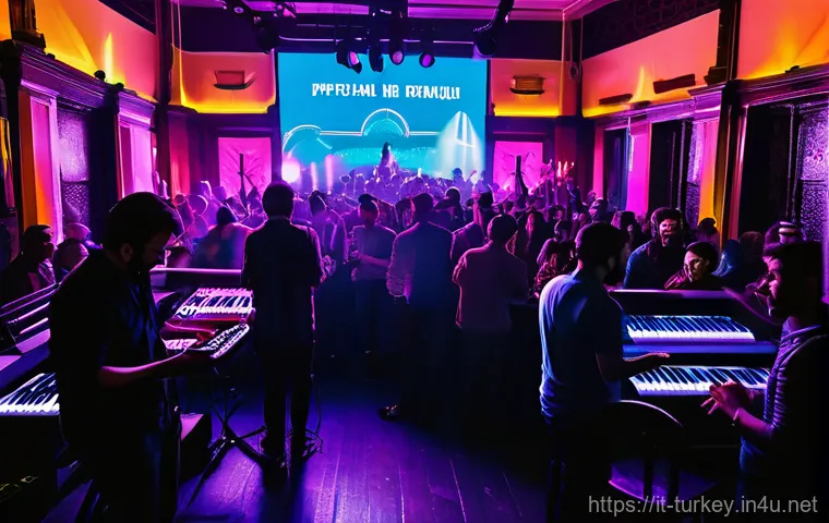 튀르키예 음악 축제와 대회 일정 - A young, diverse crowd gathers in a vibrant, dimly lit, yet modern-traditional club in Istanbul's Be...