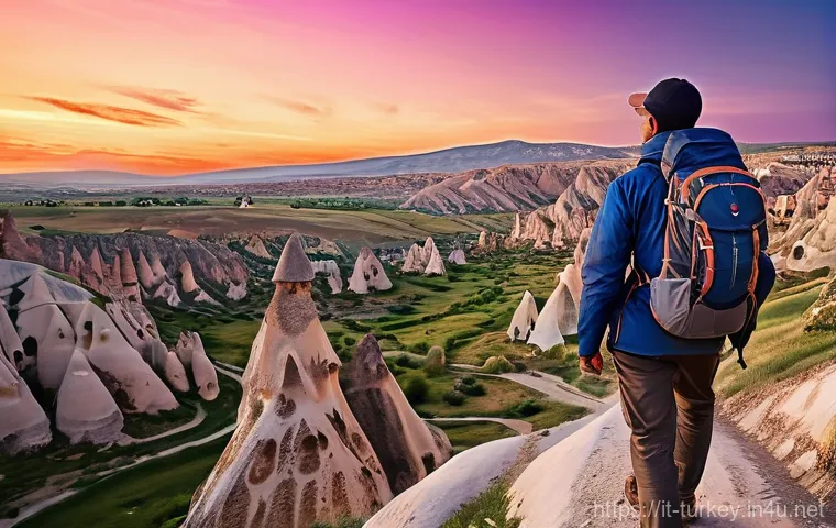 튀르키예 독특한 공원과 야외 공간 - **Cappadocia Valley Sunset Trek**
A lone adventurer, dressed in practical trekking attire includ...