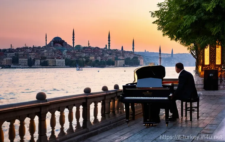 튀르키예 재즈 페스티벌 일정 - **Prompt:** A sophisticated outdoor jazz concert held at the Esma Sultan Mansion, an elegant Ottoman...
