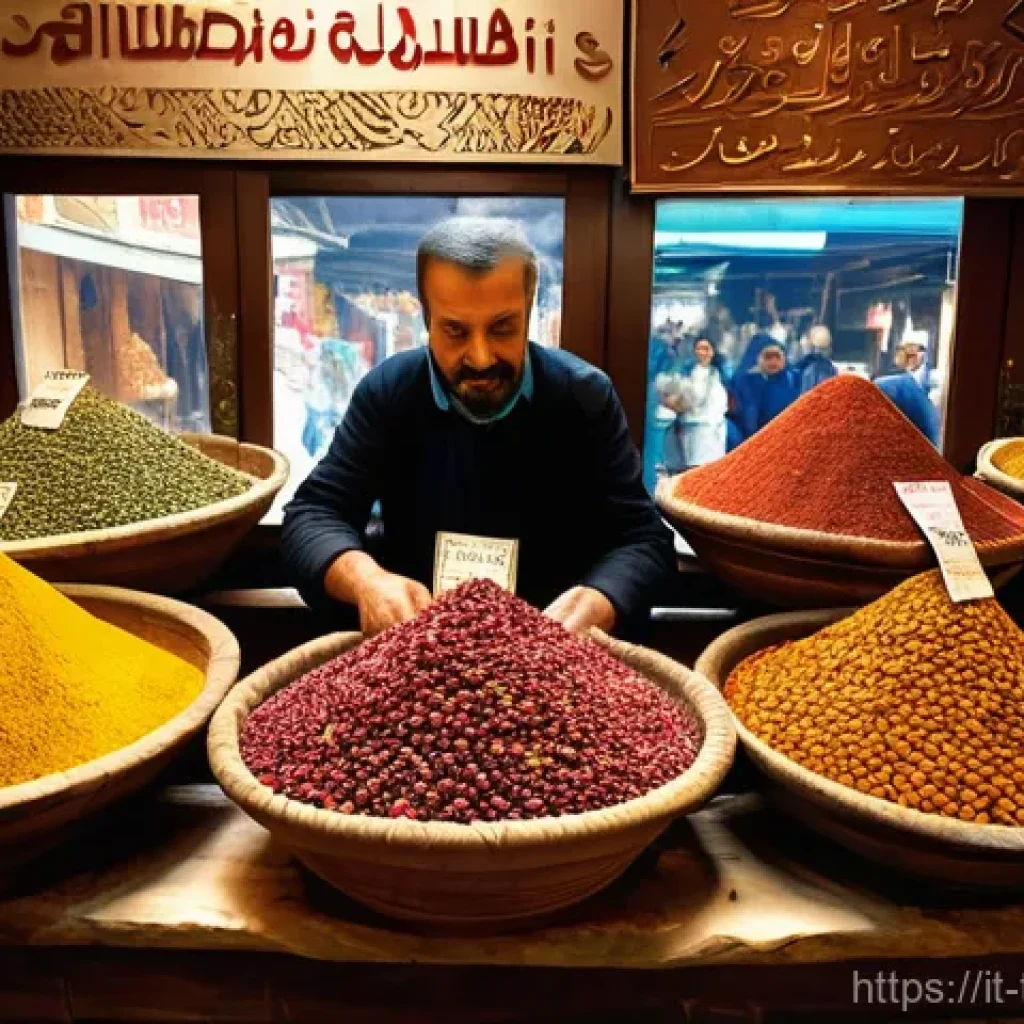튀르키예 요리의 기본 재료 - **Vibrant Istanbul Spice Bazaar.** A bustling, atmospheric scene inside a traditional Turkish spice ...