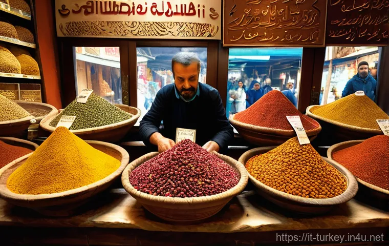 튀르키예 요리의 기본 재료 - **Vibrant Istanbul Spice Bazaar.** A bustling, atmospheric scene inside a traditional Turkish spice ...