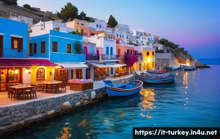 튀르키예 주요 해양 관련 문화 사례 - **Aegean Coastal Sunset Feast:**
"An idyllic scene of a vibrant Turkish Aegean fishing village b...