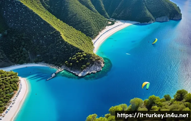 튀르키예 지중해 해안 투어 - **Prompt: "A breathtaking aerial shot of &Ouml;l&uuml;deniz Blue Lagoon in Turkey, showcasing its iconic turqu...
