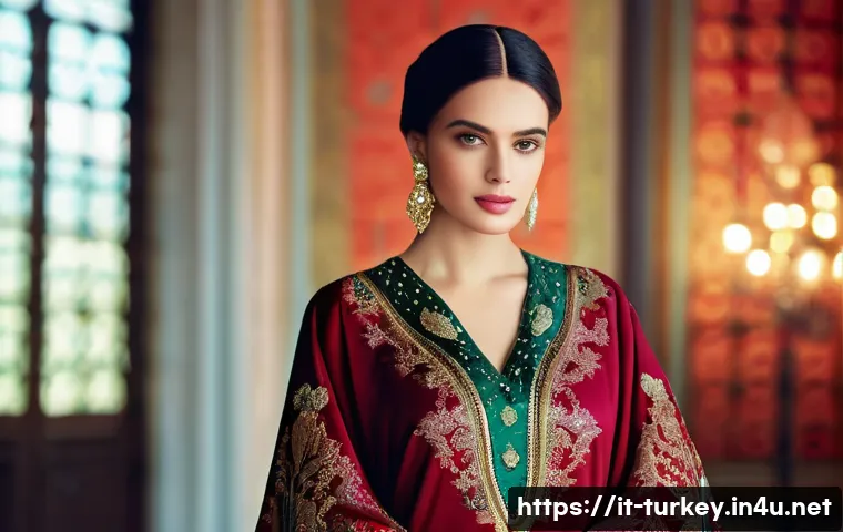 튀르키예 전통 의상 및 현대 패션 - **Prompt 1: Imperial Caftan Elegance**
"A stunning female model, gracefully posing in a historic...