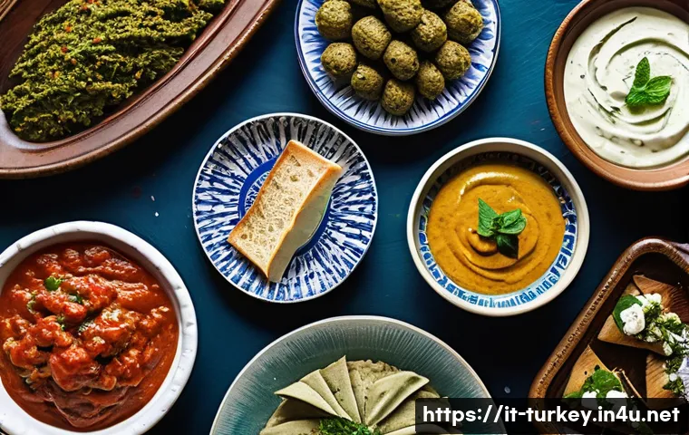 튀르키예 식문화와 예절 - A vibrant Turkish dining table overflowing with a generous spread of traditional meze dishes. Focus ...