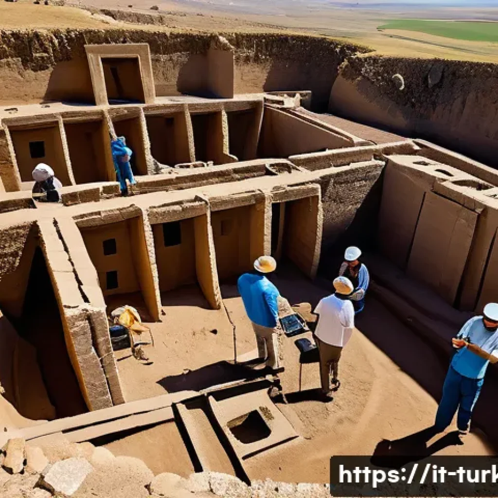 튀르키예의 독특한 과학 관련 전시회 - "A team of diverse archaeologists, both male and female, meticulously working at a sun-drenched exca...