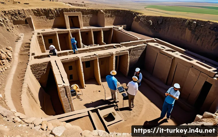 튀르키예의 독특한 과학 관련 전시회 - "A team of diverse archaeologists, both male and female, meticulously working at a sun-drenched exca...