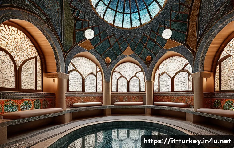 튀르키예 터키탕 하맘 체험 후기 - A traditional Turkish hammam interior showcasing intricate marble walls and colorful mosaic patterns...