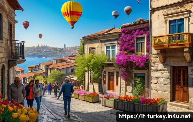 튀르키예 날씨와 계절별 여행지 - A vibrant spring scene in Istanbul featuring colorful blooming flowers and lush gardens along histor...