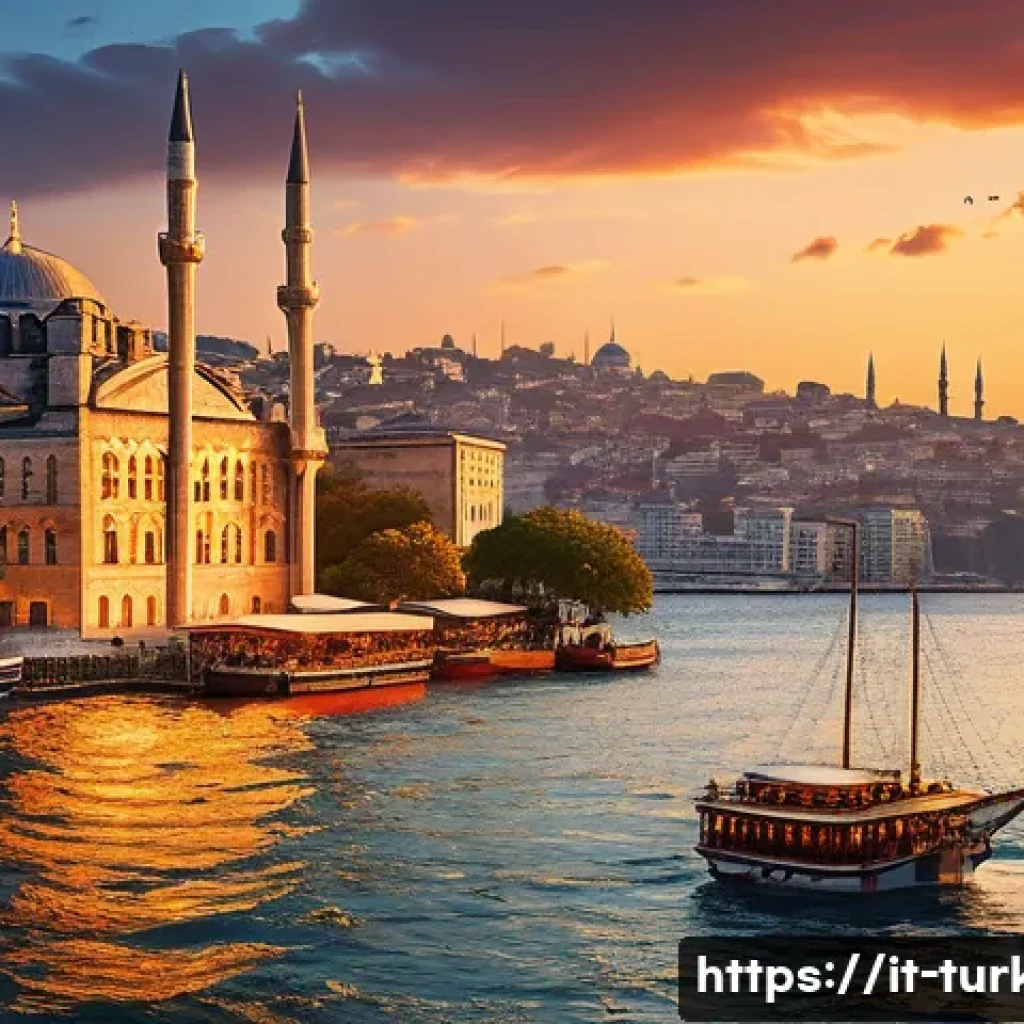 튀르키예의 아름다운 석양 명소 - A serene sunset scene along the Bosphorus in Istanbul, featuring golden sunlight reflecting on calm ...