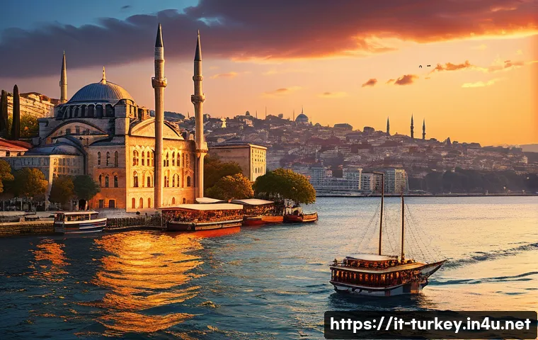 튀르키예의 아름다운 석양 명소 - A serene sunset scene along the Bosphorus in Istanbul, featuring golden sunlight reflecting on calm ...